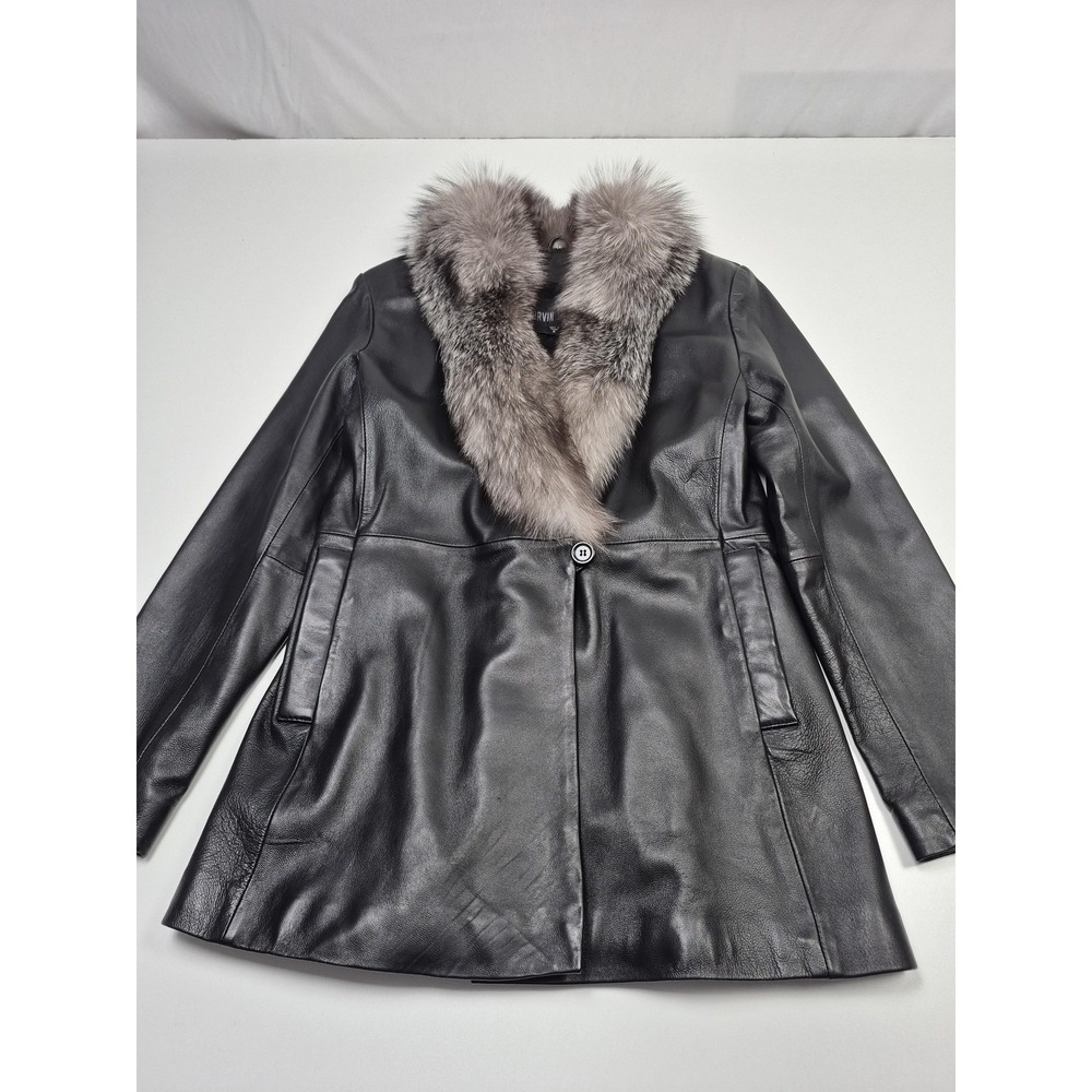 Vintage Marvin Richards Fox Fur Leather Collar Trim Black Leather Coat Jacket S